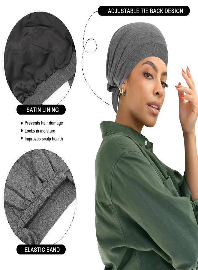XEPST 2 PCS Hijab Undercap for Women, Islamic Muslim Under Hijab Cap Satin Lined Undercap Tie Back Bonnet Inner Head Scarf Head Wraps Hair Turbans for Women Chemo Headwear Sleep Cap, Black+Dark Grey - Image 3